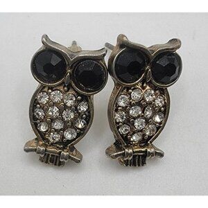 Cute Owl‎ Earrings Black and Rhinestones Never Worn